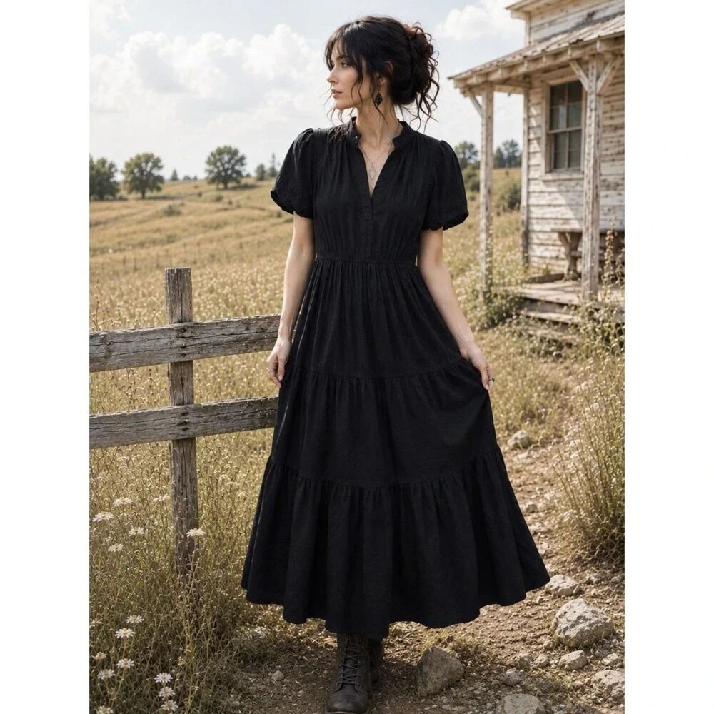 Black Linen Blend Tiered Midi Maxi Dress V-Neck Cottagecore Witchcore XS Prarie
